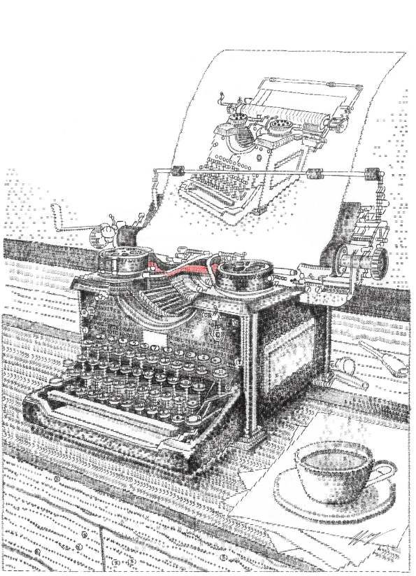 a black and white pointillism drawing of a vintage typewriter on a desk. the typewriter has a sheet of paper inserted, displaying a smaller image of the same typewriter. a cup of coffee sits on a saucer to the right, and a pencil lies nearby. the desk is rendered with a dotted texture, creating a detailed and intricate image.