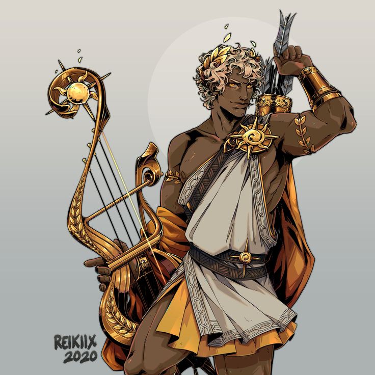 this image depicts the greek god apollo. he is holding a lyre in his left hand and his right hand is raised to the sky. he is wearing a golden laurel wreath on his head and a golden necklace. he is also wearing a white toga with a gold pattern around the border, and a sash with a golden buckle. he is surrounded by a golden halo and sunlight.