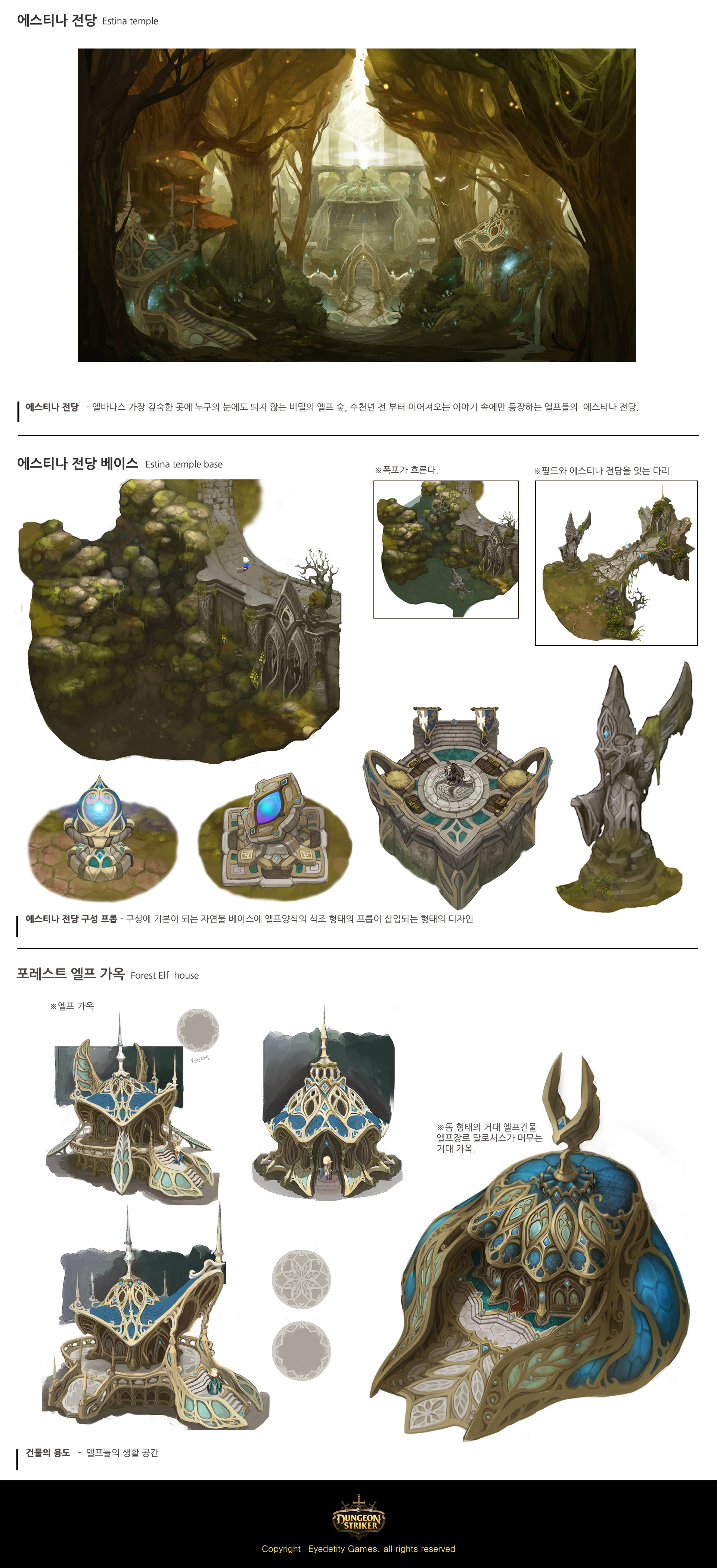 the image showcases concept art for a fantasy temple ruin nestled within a forest setting. it features various perspectives and details of the architecture, including overgrown structures, glowing magical elements, and intricate stonework. the overall atmosphere is mystical and ancient, emphasized by the soft lighting and natural elements.  the top section provides a wide view of the temple nestled amongst the trees.  the middle section shows more details with an overhead view and different perspectives of building components. the bottom section focuses on a particular building with closeup views from various angles.