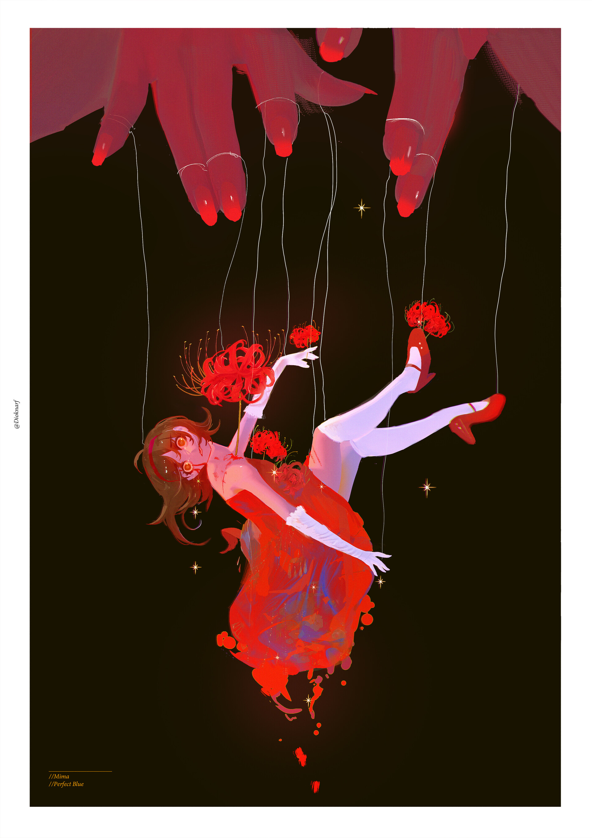 a painting of a woman in a red dress suspended in midair by strings. she is holding a bouquet of red spider lilies, and her body is contorted in an unnatural position. the hands controlling the strings are visible at the top of the image, and the background is black. the overall effect is one of power and control.