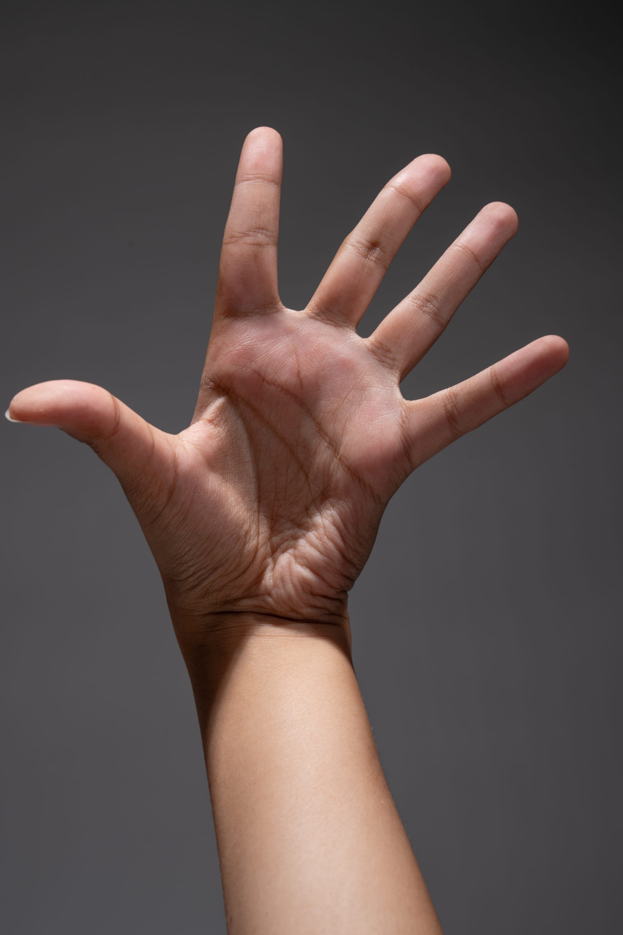 a close up of a hand with its palm open, facing the viewer. the hand is extended upwards against a dark gray background. the image focuses on the details of the hand's skin texture and the lines on the palm. the lighting is soft and highlights the contours of the hand.