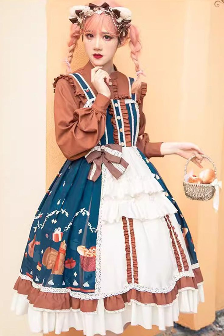 a young woman is standing indoors, wearing a lolita fashion dress. the dress is blue and brown with a white apron. she is holding a picnic basket in her right hand.  the image is softly lit and the perspective is at eye level.