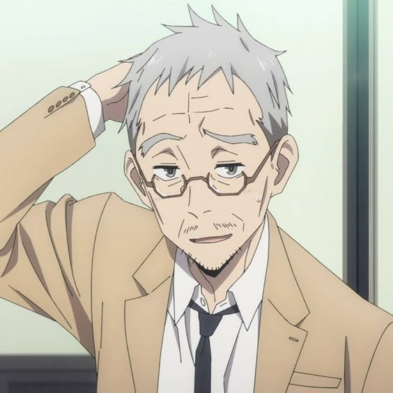 a closeup shot of an elderly anime man with white hair, wearing glasses and a brown suit, standing in a thoughtful pose. he is looking down, and his expression is one of worry. the man is likely an older character in the anime, and his appearance suggests that he may be a wise or experienced figure.