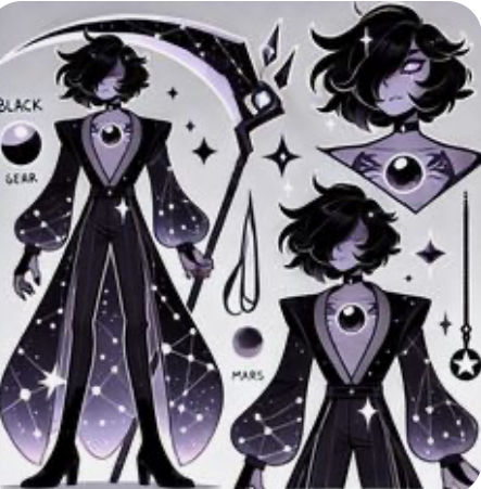 an anime girl character with black hair wearing a black galaxy patterned outfit, holding a scythe weapon. she appears to be in a dark space setting with stars and planets.