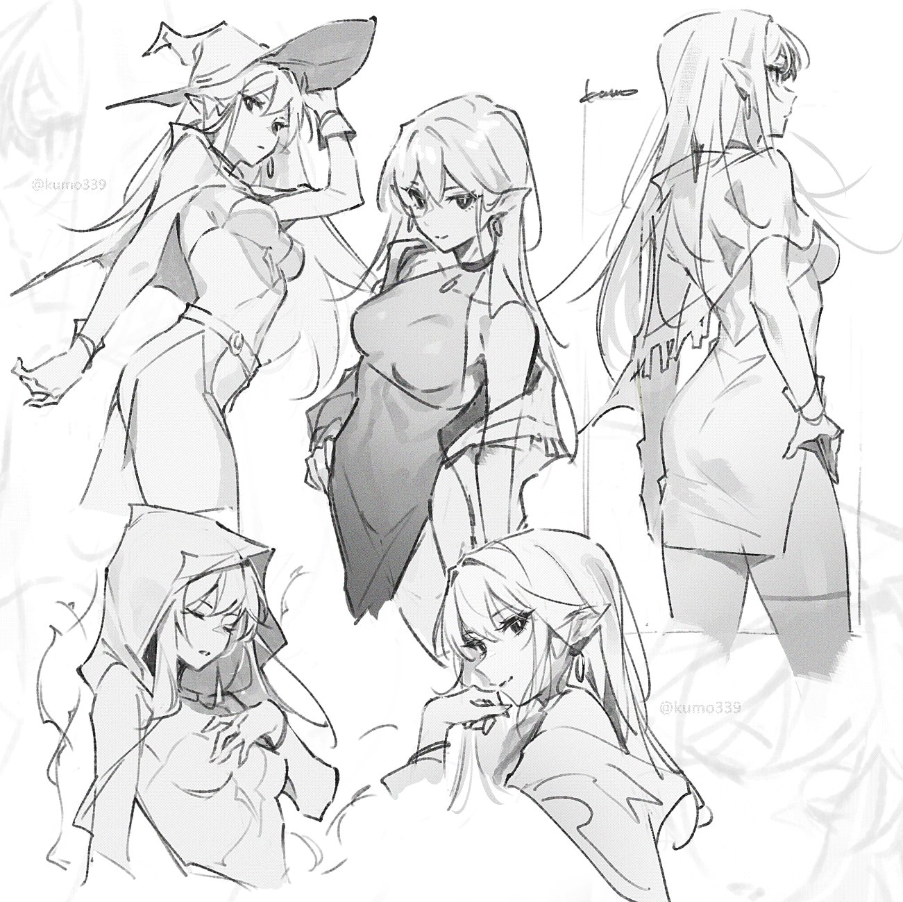the image shows several black and white sketches of animestyle female characters with elf ears, drawn in various poses and wearing different outfits. it appears to be a character design sheet, potentially from an artist named kumo339.