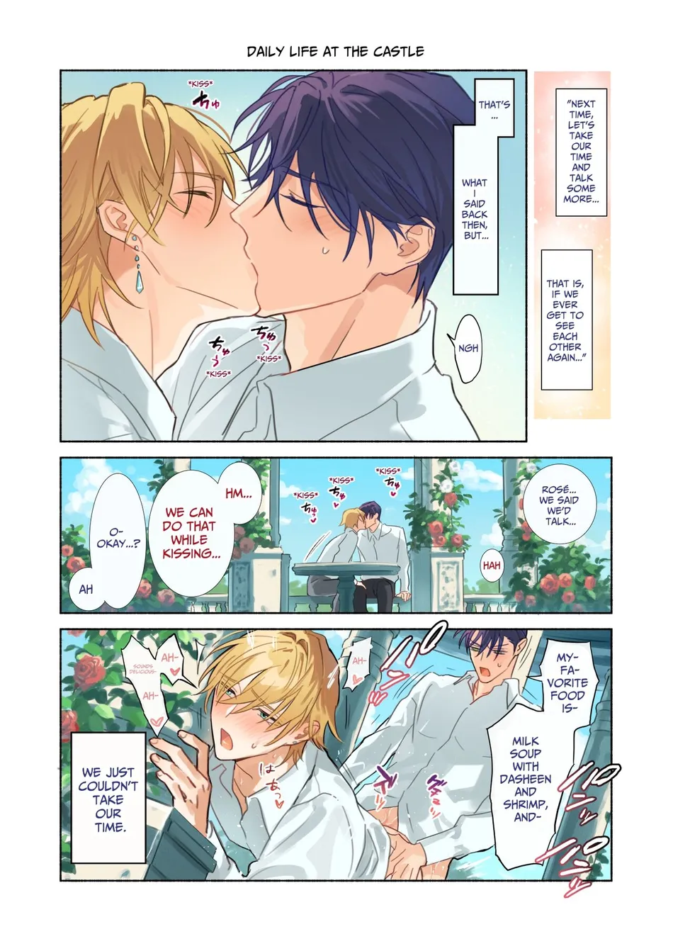 this image is a page from a manga series. the top panel shows two young men kissing. the top right panel has a text bubble saying "next time, let's take our time and talk some more." the second panel shows the men hugging, with the one on the