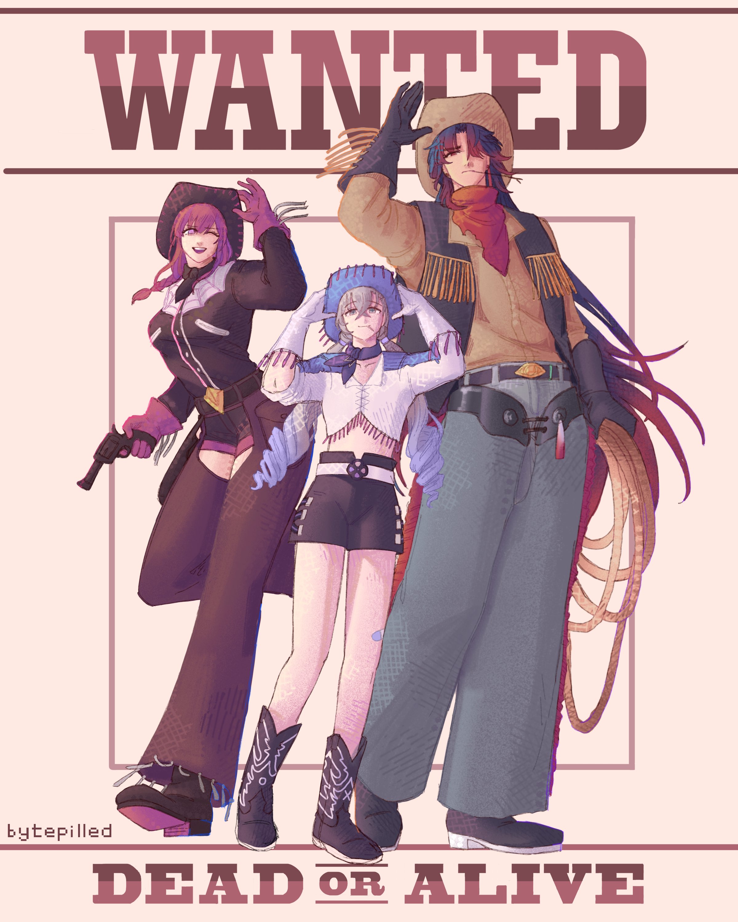 a digital drawing of three female anime characters in a wanted poster.  the top of the poster says "wanted" and the bottom says "dead or alive". the three girls are wearing cowboy outfits. the girl on the left is wearing a black outfit with a purple bandana, the middle girl is wearing a white outfit with a blue bandana, and the girl on the right is wearing a brown outfit with a red bandana.  they are all armed with weapons and appear dangerous.
