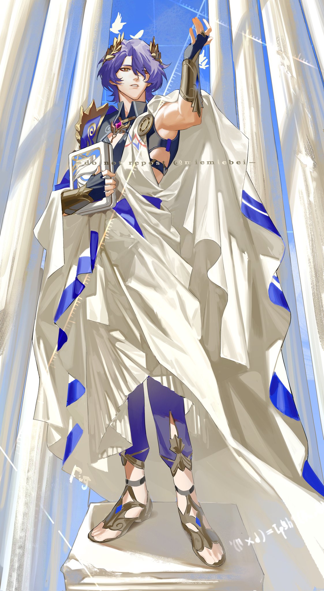 this is a digital illustration of a male anime character with purple hair, blue pants, and sandals. he is wearing a white robe and holding a book. he is standing in a pose that suggests he is a god or some other important figure. the background is a white and blue backdrop with white pillars.