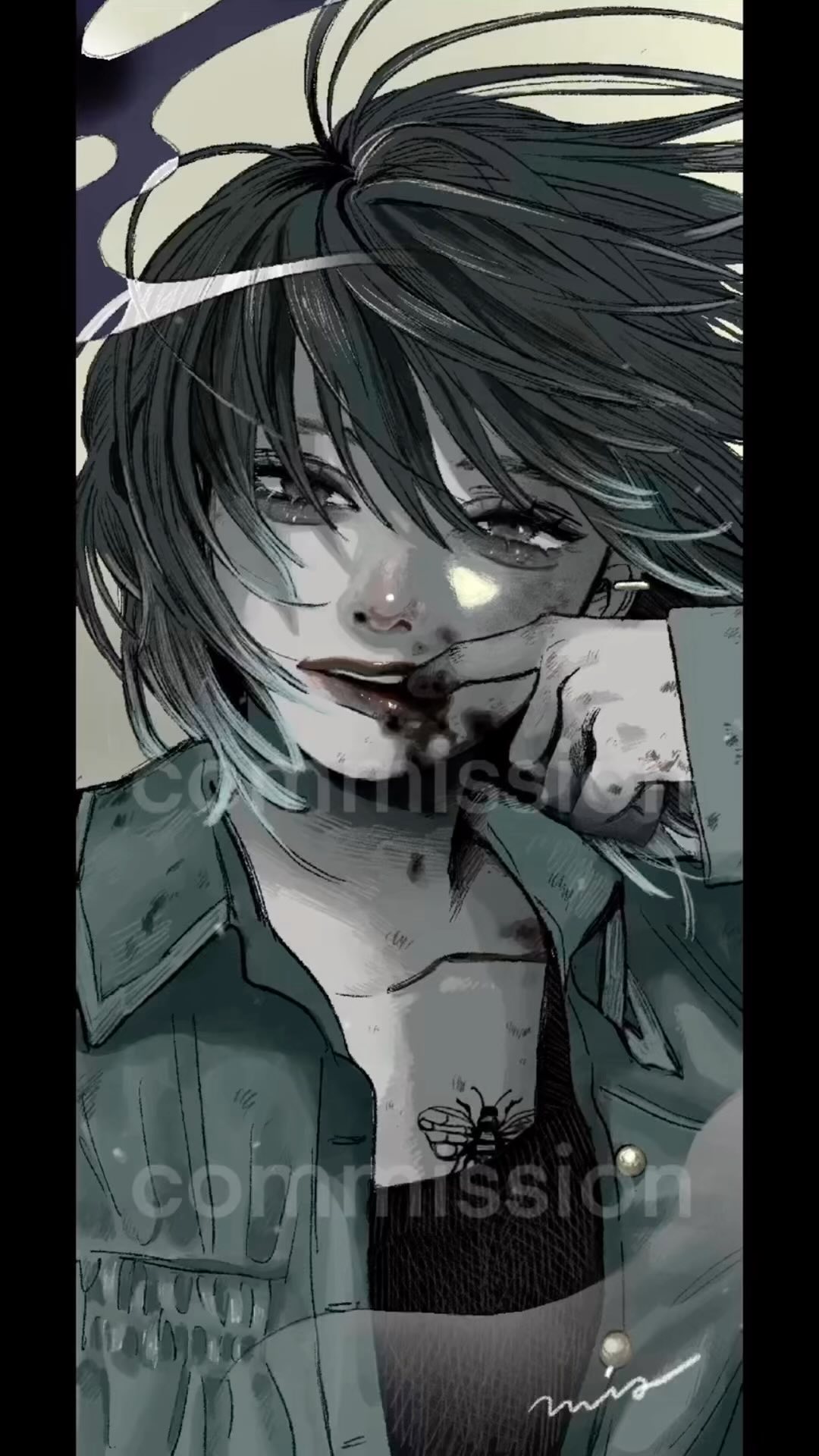 the image is a digital illustration of an animestyle girl.  she has dark, messy hair, and is depicted with a bloody mouth and other signs of injury. she's wearing a darkcolored jacket and has a bee tattoo visible on her chest. the overall style is dark, edgy, and slightly gothic, with a grungelike texture. the monochrome palette enhances the dramatic mood.  the word "commission" is overlaid on the image, indicating it's a paid artwork. an artist's signature is also visible in the bottom right corner.