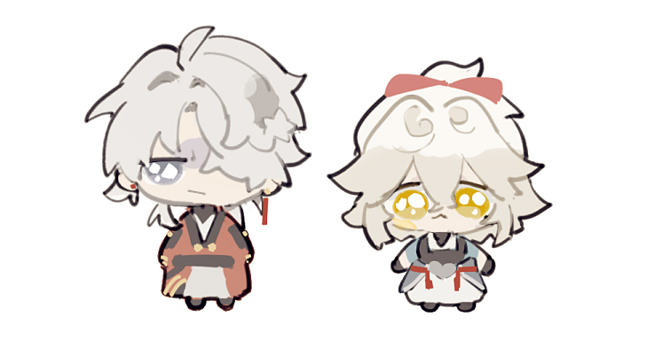 the image shows two anime characters in chibi style. the character on the left has white hair, a red and white outfit, and appears to be male. the character on the right has white hair, a blue and white outfit, and appears to be female. both characters are smiling and looking at each other. the image is drawn in a cute and whimsical style.