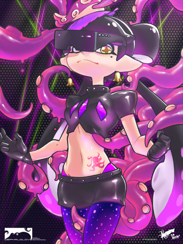a digital illustration of an animestyle girl with purple and pink octopus tentacles. she's wearing a black and purple outfit with a pink tattoo on her stomach. she has a black and purple headset on, and her expression is serious. the background is a dark purple with pink and green highlights.