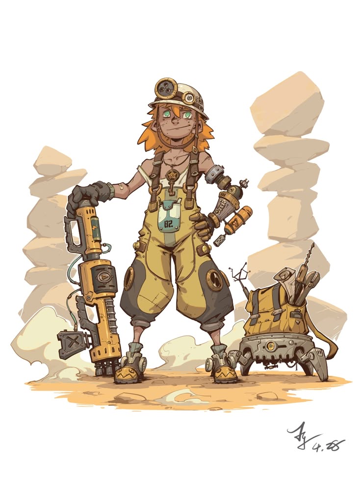 a cartoon illustration shows a girl with orange hair, goggles, and overalls standing in a desert landscape with a robot and a gun. there are rock stacks in the background. the style is steampunk and scifi, suggesting a futuristic or fantasy setting.
