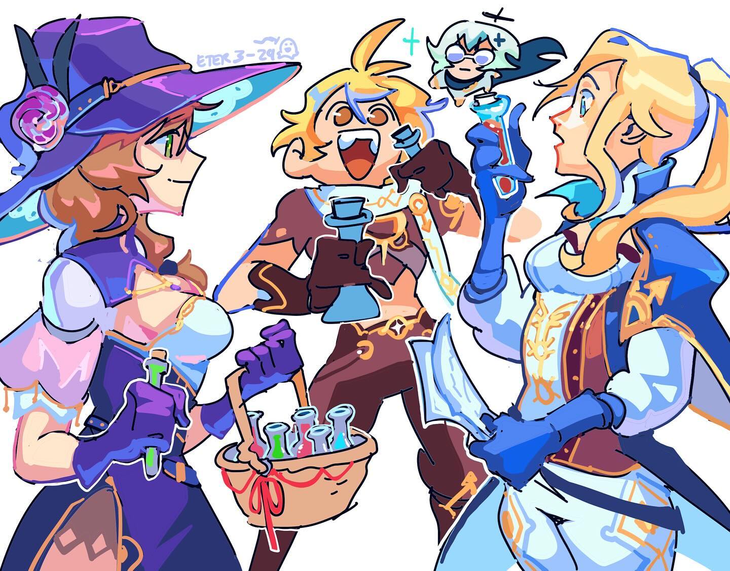 the image is a vibrant piece of fanart depicting three recognizable characters from the video game genshin impact: klee (small, floating above), albedo (center, blond), and sucrose (left, wearing a witch's hat).  the art style is animeinfluenced, with bold lines, saturated colors, and expressive character designs.  the characters are interacting, possibly engaged in alchemical activities, with vials and potions prominently featured. sucrose is holding a basket of colorful vials.  the overall mood is lighthearted and joyful, showcasing a friendly interaction between the characters. the background is white, allowing the characters and their bright colors to stand out. the style suggests a playful and fun interpretation of the characters' personalities.