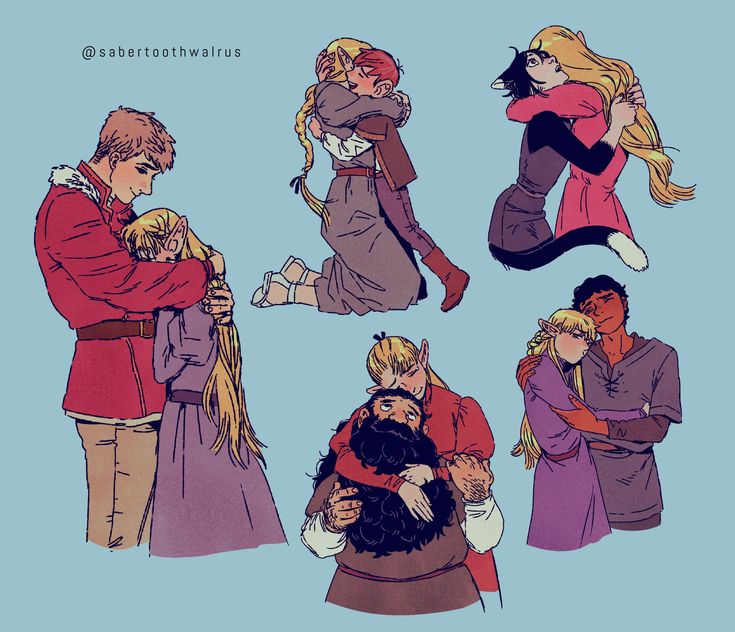 the image showcases a collection of digital illustrations depicting various couples embracing in affectionate hugs.  the art style is reminiscent of comic book or graphic novel illustrations, featuring distinct linework and a limited but warm color palette.  the characters appear to be from a fantasy setting, with a mix of human, elflike, and possibly dwarven characters, one character who appears to have a catlike form. each hug is unique in pose and the characters' expressions, conveying different levels of intimacy and affection. the overall mood is sweet and romantic. the illustrations are arranged in a pleasing and balanced composition against a pale blue background. the artist's watermark "@sabertoothwalrus" is visible in the top left corner.