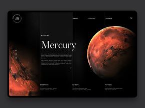 this is a website design mockup that shows the planet mercury with its factual information. the background is dark and the text is white. it has a modern and minimalistic style.
