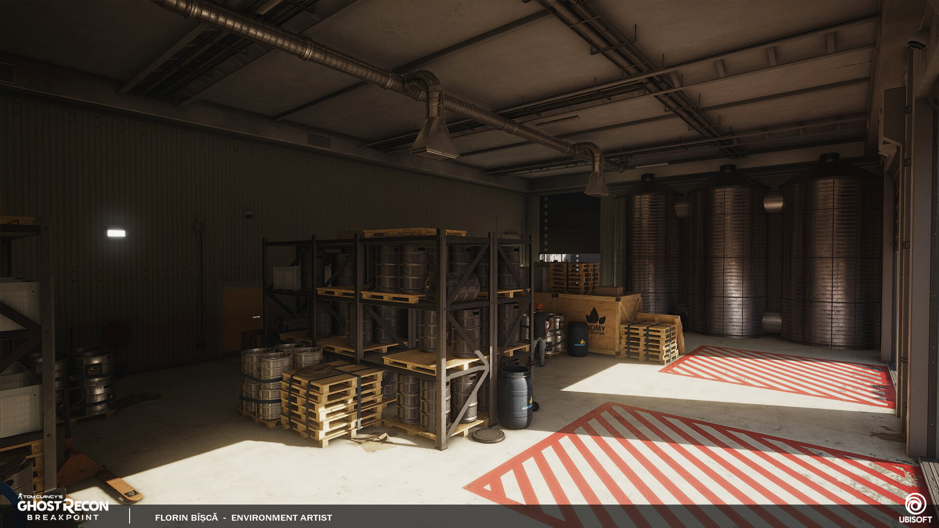 the image shows the interior of a large, industrial warehouse, with high ceilings and exposed metal piping. the space is filled with stacks of barrels, crates, and pallets, suggesting a storage or manufacturing function. the concrete floor is painted with red and white stripes, indicating a cautionary area. the lighting is dim, casting long shadows and creating an overall dark and gritty atmosphere. the warehouse appears to be old and weathered, with signs of wear and tear on the surfaces. the image is highly realistic, suggesting it might be a digital render for a video game or other media.