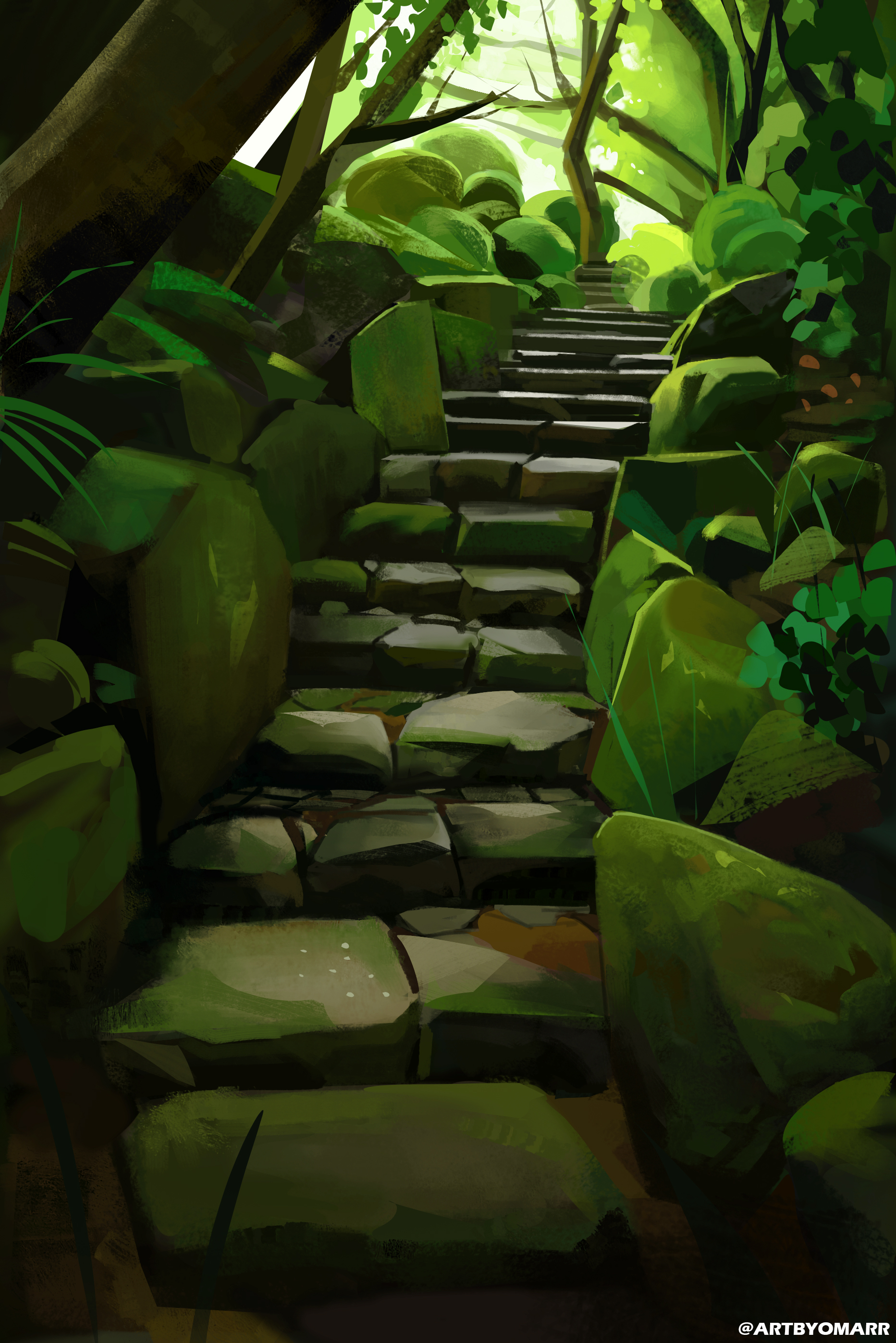 the image is a digital painting depicting a stone staircase winding its way through a lush, overgrown forest.  the steps are made of uneven, mosscovered stones, and the surrounding environment is densely packed with vibrant green foliage. sunlight filters through the canopy above, creating dappled light and shadow on the steps and vegetation. the overall atmosphere is serene yet slightly mysterious, suggesting a hidden or secluded location. the style is painterly and evocative, with a focus on capturing the mood and atmosphere rather than photorealistic detail.  the scene evokes a sense of peace and quietude, and possibly a hint of fantasy or adventure.