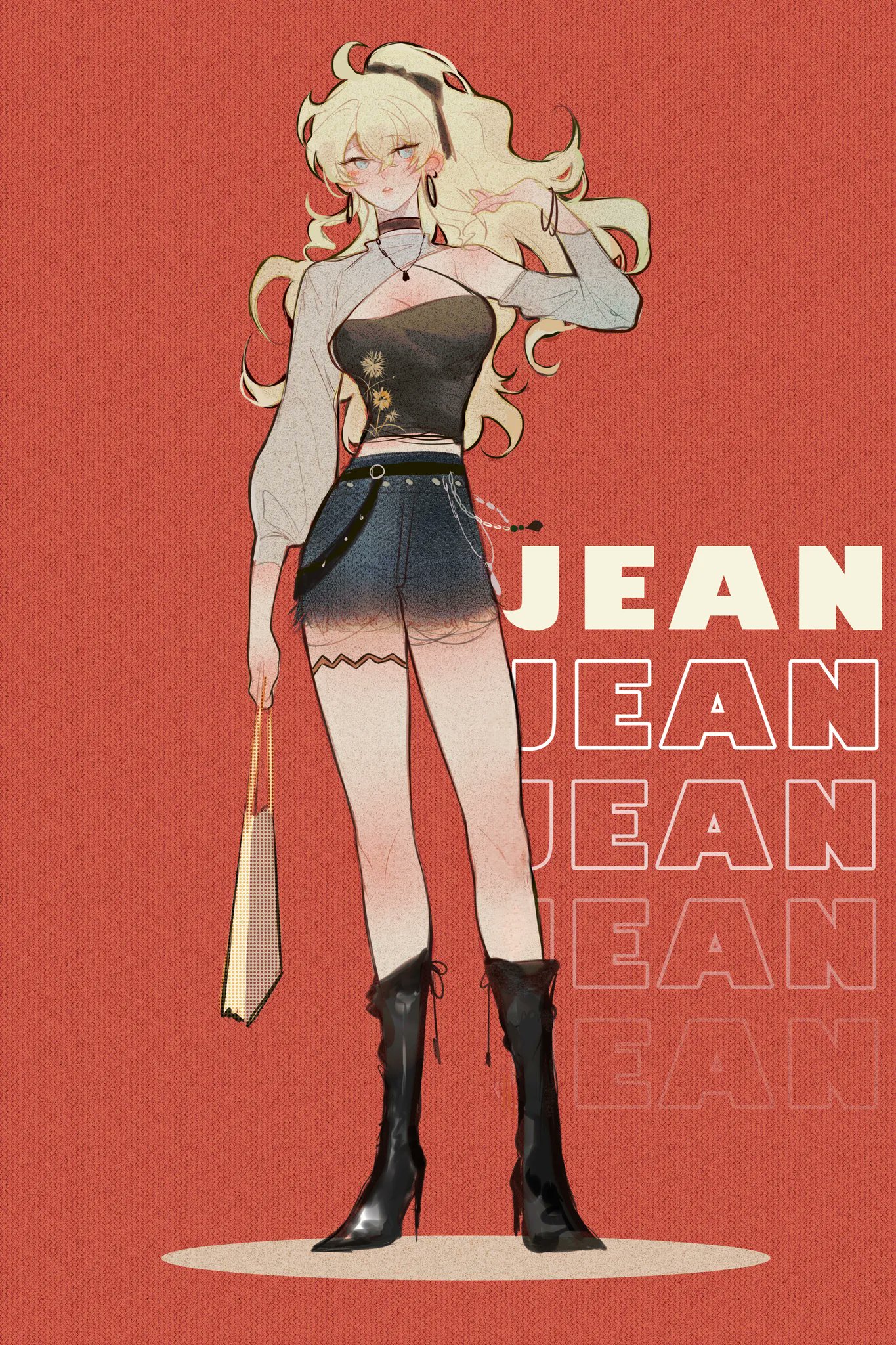 the image is a stylized digital drawing of a young woman, possibly an anime character, named jean. she has long blonde, curly hair, is wearing a black crop top, denim shorts, and black boots. she's carrying a small handbag and is posed standing against a solid red background.  the name "jean" is repeated in a stylized font several times down the right side of the image. the overall style is fashionable and slightly retro.