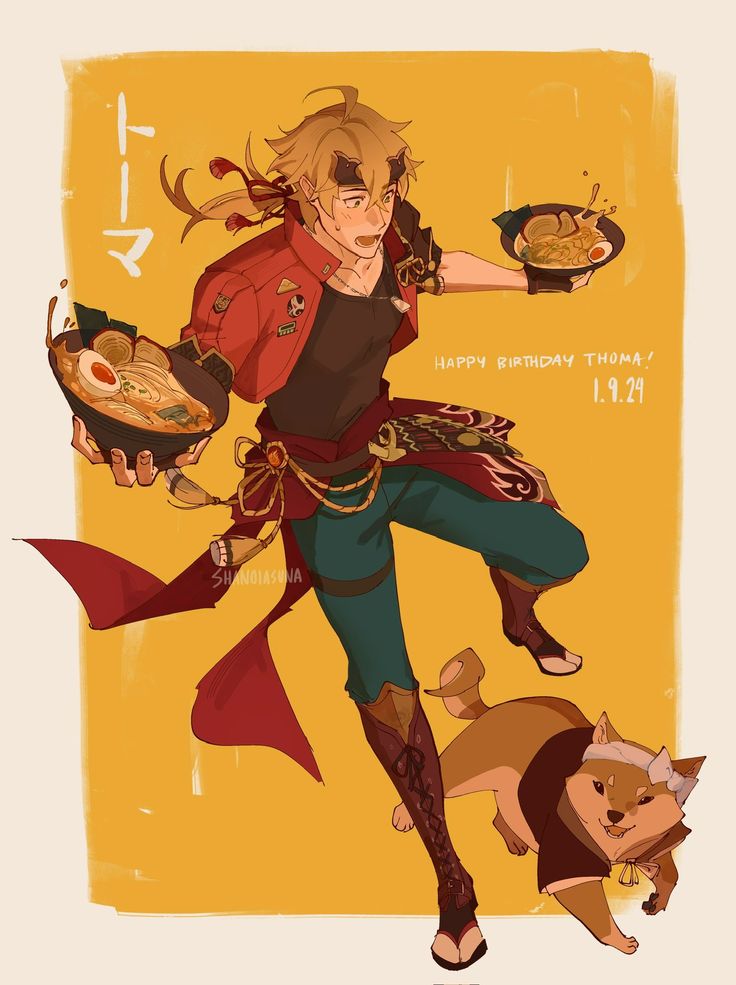 a vibrant digital fanart depicting thoma from genshin impact. he's dynamically posed, carrying two bowls of ramen, with a shiba inu dog by his side. the art style is animeinfluenced, with bold colors and expressive lines. the background is a simple yellow, emphasizing the character and his celebratory pose. the text "happy birthday thoma! 1.9.24" is present, indicating it's a birthday tribute. the overall mood is cheerful and celebratory.