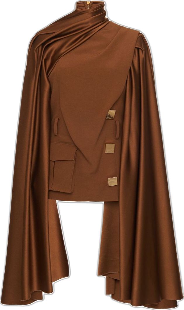 a brown satin cape top with a high neck and a collar. it has a sleek and elegant design with a slightly draping effect on the sleeves. the cape has two goldcolored buttons on the right side.