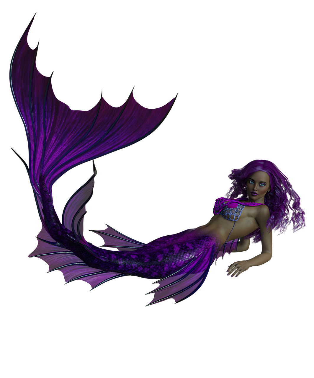a digital artwork depicts a reclining mermaid with purple hair and a matching tail against a black background. the mermaid's tail has large, finlike appendages and scales, while her upper body is adorned with a small, patterned top. she is posed as if resting or floating, with her hand extended.