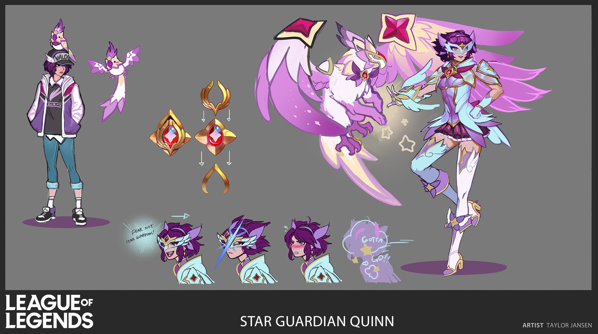 this is a concept art for a character named "star guardian quinn" from the popular video game, "league of legends". the image features several designs for quinn as well as her avian companion, valor. the design emphasizes quinn's magical transformation into a star guardian, adorned with sparkling armor, a white and pink outfit, and large wings. her avian companion, valor, is also depicted in a magical state, sporting a dazzling feathered design. the art style is lighthearted and vibrant, with a touch of anime influence. the image is filled with detail, showcasing quinn's weaponry, her bird companion, and other elements related to the character and her transformation. this concept art captures the essence of star guardian quinn, presenting her as a strong, magical, and adorable hero ready to fight for justice in the universe.
