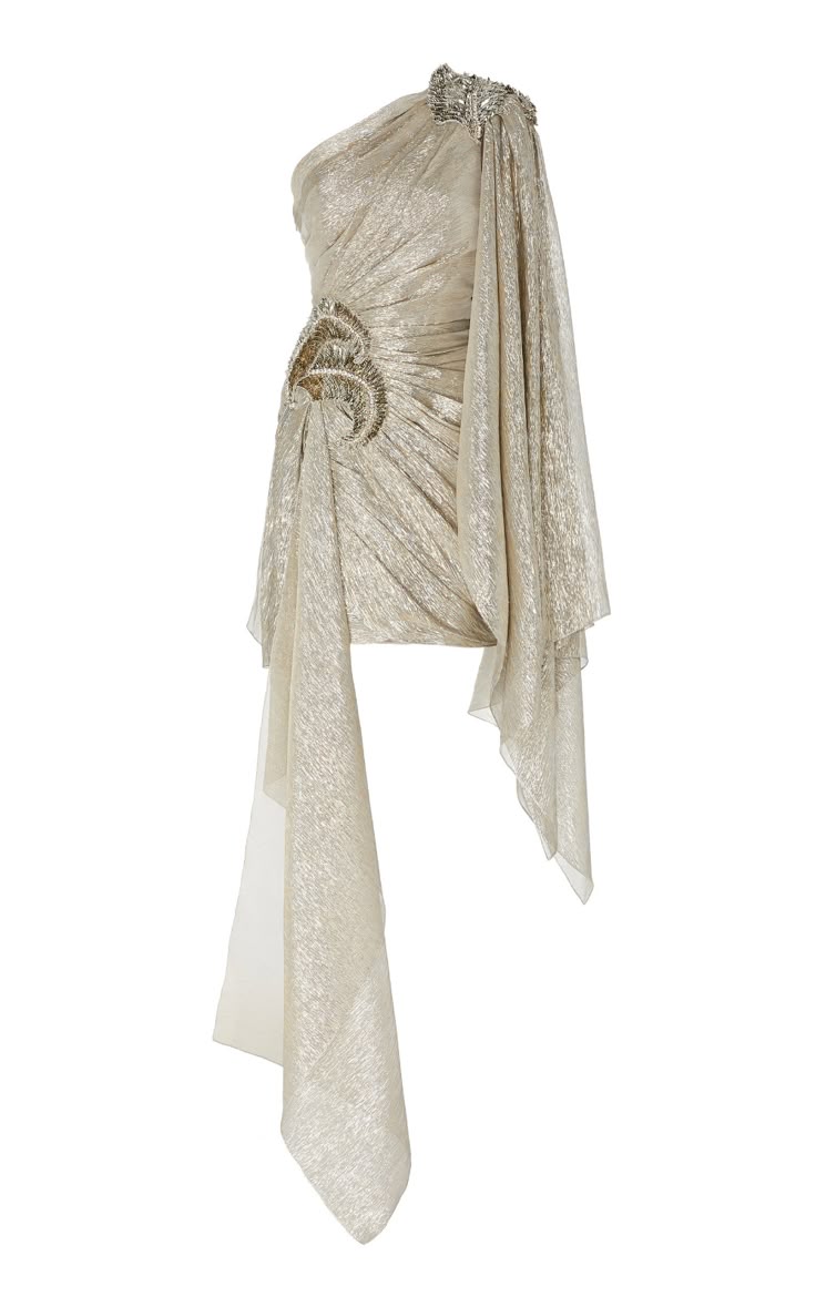 a shimmering, draped oneshoulder dress with beaded embellishments is displayed against a white background. the dress is constructed with a gathered bodice and an asymmetrical hemline, and features shimmering fabric. the beading accents the shoulder strap and the drape at the waist.
