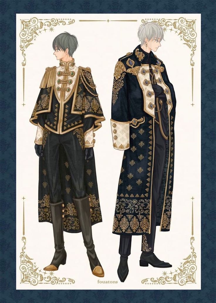 this animestyle illustration showcases two male characters dressed in elegant, elaborate attire. on the left, a man with dark green hair, wearing a black and gold layered suit with a white collar and black boots, adorned with intricate gold patterns, stands with his head slightly tilted to the side. on the right, a man with silver hair, wearing a similarly styled black and gold suit with a white collar, black pants, and brown boots,  stands with his head turned towards the left side of the picture. the background is a simple light gray color with a gold trim, creating a striking contrast against the men's costumes. the detail of the costumes, including the intricate patterns and the delicate gold accents, evokes a sense of grandeur and sophistication.