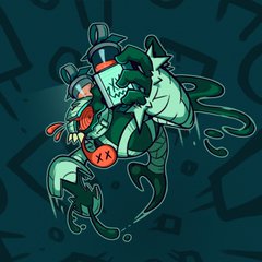 a dynamic illustration features a stylized robot or monster, rendered in a cartoon style reminiscent of graffiti art. the character, a vibrant blend of turquoise, green, and red, is caught midaction, wielding spray paint cans in a fluid, energetic pose.  its design is a playful fusion of mechanical and organic elements. the background enhances the urban, graffitiinspired aesthetic with a dark teal base overlaid with abstract, angular shapes in lighter teal.