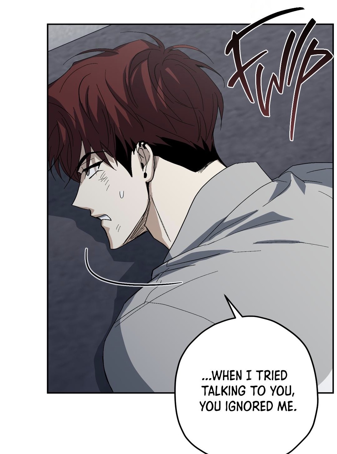 the image is a closeup panel from a manga or manhwa comic. it features a young man with reddishbrown hair, lying down and looking upset. he's wearing a gray hoodie. a speech bubble indicates that he's feeling ignored.  the art style is somewhat realistic, with dark shading and detailed expressions. the panel is framed in a dark gray background, contributing to the overall somber mood.  the word "fwip" is written dramatically in the background, likely depicting a sound effect.