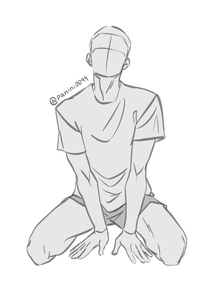 a simple line art drawing of a male figure kneeling with his hands resting on the ground. the figure is drawn in a basic style with no details on the face or clothing. the figure is drawn in a relaxed pose, with his arms bent and his legs spread slightly apart. the drawing is done in a light grey color on a white background.  the artist's signature is visible in the image.