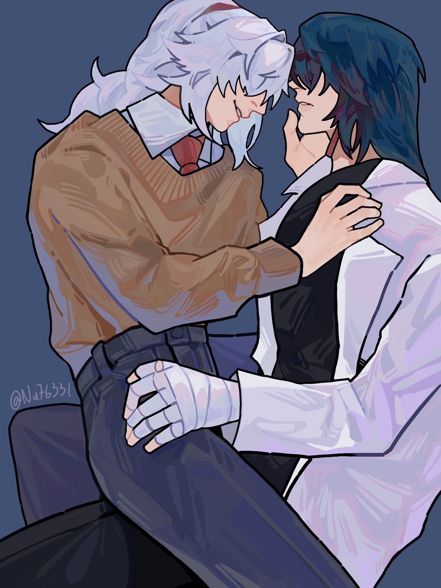 an illustration of an anime couple, a man and woman in a romantic pose. the man has long white hair, a brown sweater and black pants. the woman has short blue hair and is wearing a white coat. they are embracing each other, kissing and looking deeply into each other's eyes. the background is a blue and gray gradient.