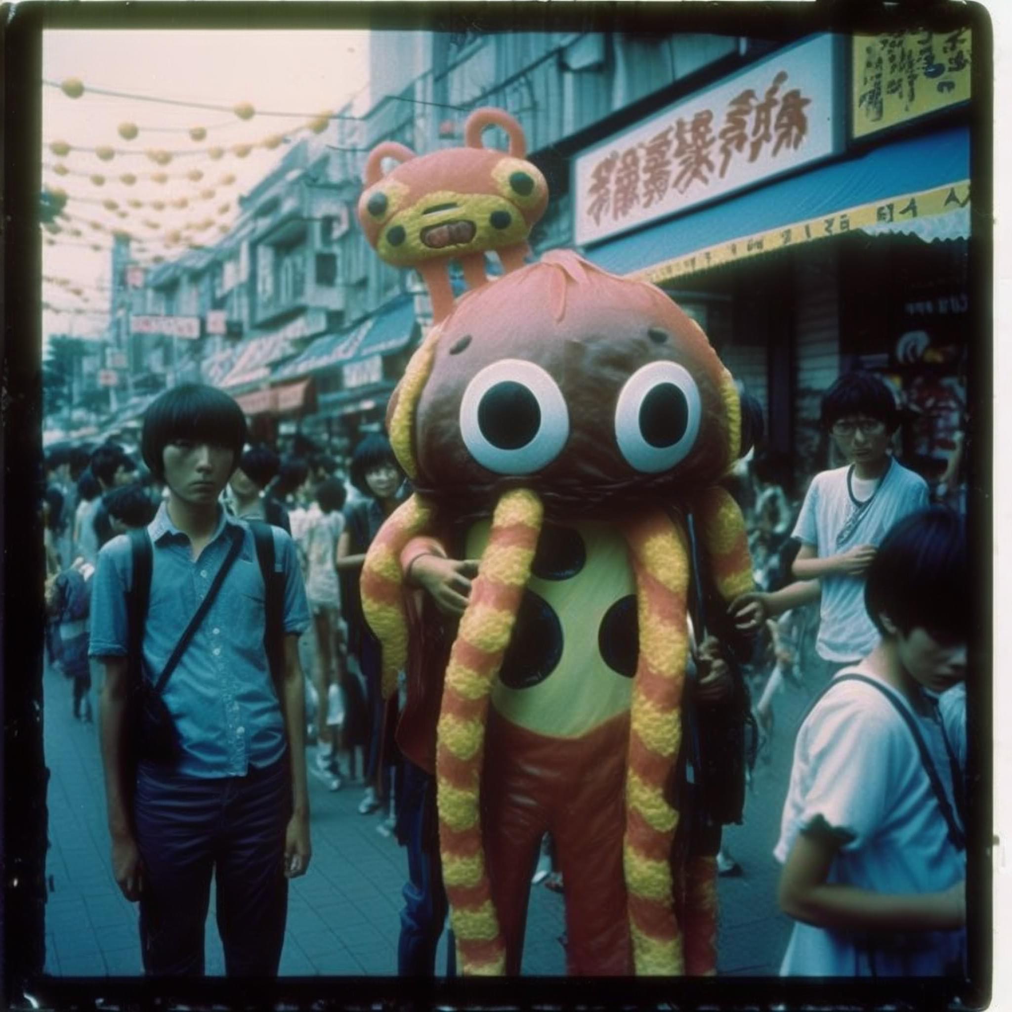 a vintage photograph, likely taken in japan during the 1970s, captures a lively street scene. the focal point is a whimsical octopus mascot, its cartoonish eyes wide and inviting, amidst a crowd of people. the mascot, adorned with bright colors and a playful design, exudes a charmingly retro aesthetic. the surrounding crowd, a mix of children and adults, suggests a festive atmosphere, perhaps a parade or a local celebration. the storefront behind provides a glimpse into the urban landscape of the time. the image, bathed in natural, sunny lighting, evokes a sense of nostalgia and offers a fascinating glimpse into everyday life in 1970s japan.