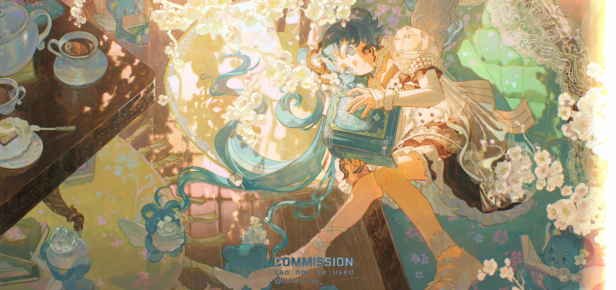 the image depicts a young anime girl with long blue hair sitting on a chair reading a book. she is dressed in a white and brown dress. there is a table with teacups and saucers. flowers surround the girl and table. the setting is an outdoor area with a lot of natural light. the image is very colorful and vibrant.