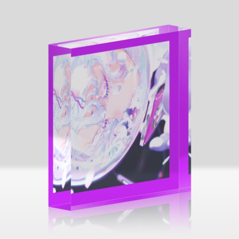 the image is of a clear acrylic block with a purple frame. the block encases a print of an animestyle portrait of a girl with long flowing white hair. the girl has her eyes closed and appears to be in a state of peace or slumber. the background of the portrait is dark and indistinct, drawing focus to the girl's ethereal beauty.