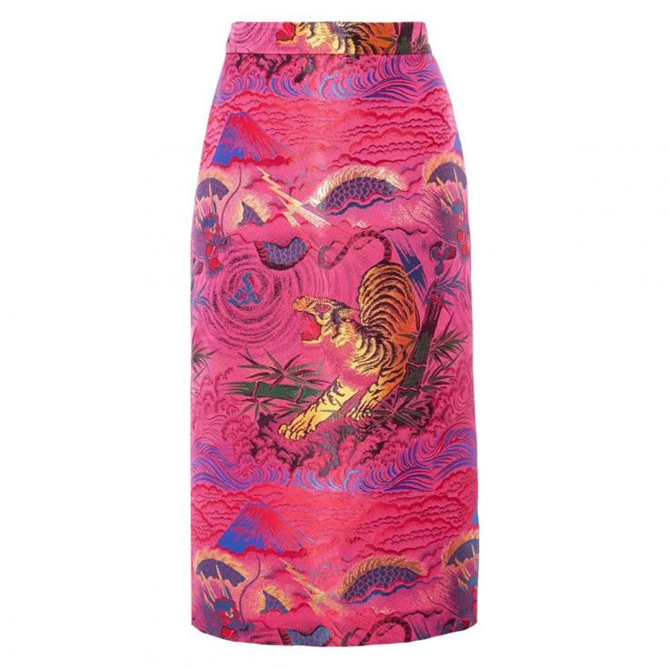 a pink midi pencil skirt with a jacquard pattern featuring a tiger and an asianinspired design, including a fuji mountain motif.