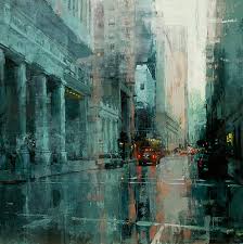 the image is a painting of a cityscape, focusing on a street in the city. the street is wet from rain and the buildings on either side reflect the grey and blue tones of the sky. the buildings are tall and imposing, with large windows and intricate details. there are a few cars driving down the street, and the light from their headlights creates a warm glow in the otherwise cool and muted color scheme. the overall mood of the painting is atmospheric and moody, with a sense of quiet and solitude.