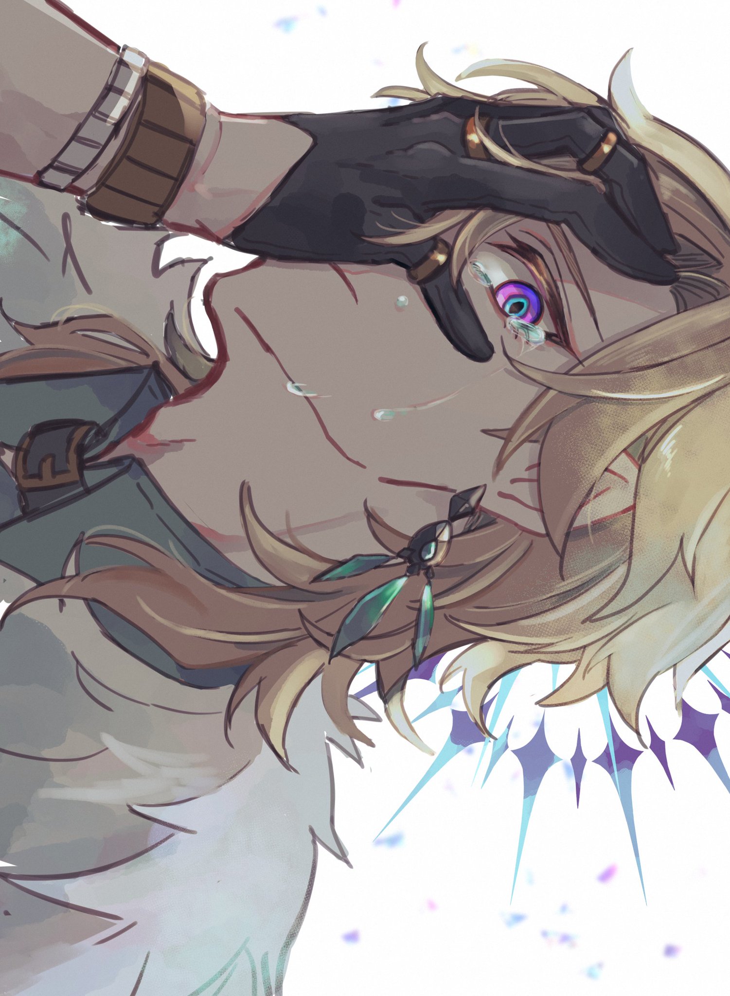 the image features a male anime character with blonde hair and blue eyes. he is crying and looking down with his hand covering one of his eyes. his hand is wearing a black glove and there appears to be some sort of sword in his hand. the background is light and airy, with sparkles and swirls.  the overall mood of the image is sad and melancholic.