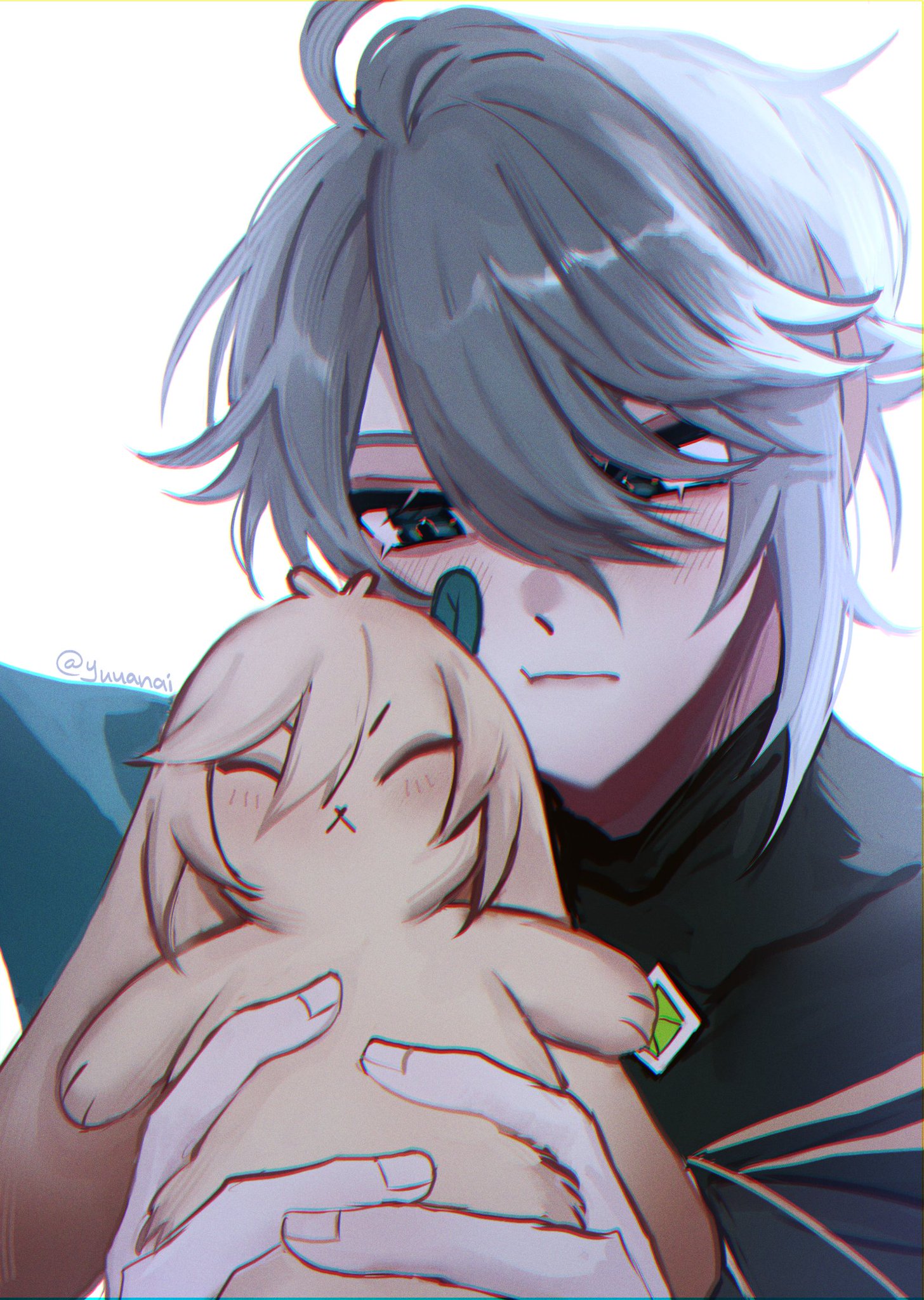 a young anime character with white hair and blue eyes is holding a stuffed bunny plush toy. he looks sad.