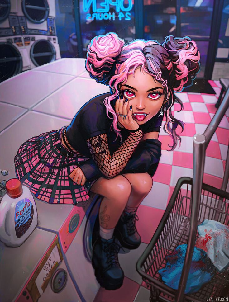 a digital art illustration of an anime girl with pink and black hair sitting on a washing machine in a laundromat. she has a dark, gothinspired aesthetic, with pink and black clothing and a checkered skirt. the laundromat has pink and white checkered tiles, and the girl is looking down with a slight smile.  a shopping cart is in the foreground, containing bloody items.  the illustration has a slightly dark and eerie feeling.