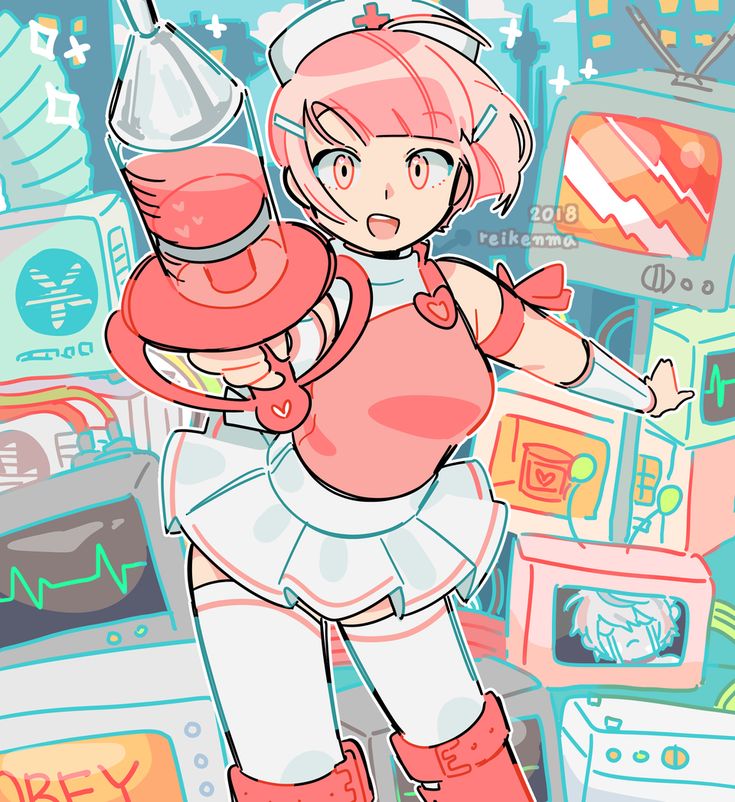 the image is a cartoon illustration of a cute anime girl dressed as a nurse. she is holding a giant syringe and is standing in front of a wall of televisions. the background is filled with bright colors and the girl is looking at the viewer. the overall tone of the image is light and fun.