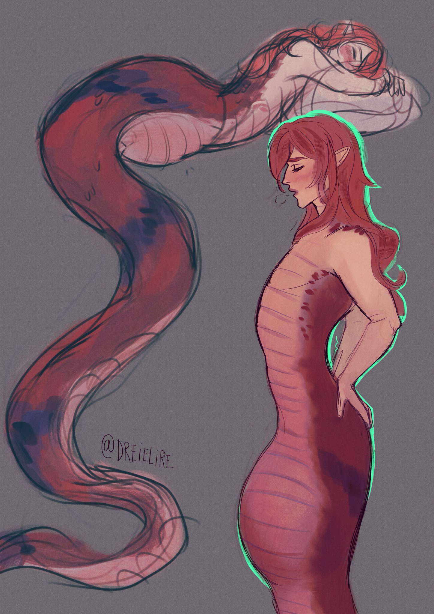 a woman is transforming into a snake. she is in the process of being consumed by the snake's form, with scales growing on her skin and her body becoming serpentine. the woman is depicted as a beautiful and graceful figure, but her expression is one of fear and uncertainty as she undergoes this transformation. the background is a simple gray, allowing the woman and snake to be the focus of the illustration. the art is in a digital style with soft brush strokes and muted colors. it conveys a sense of both wonder and danger.