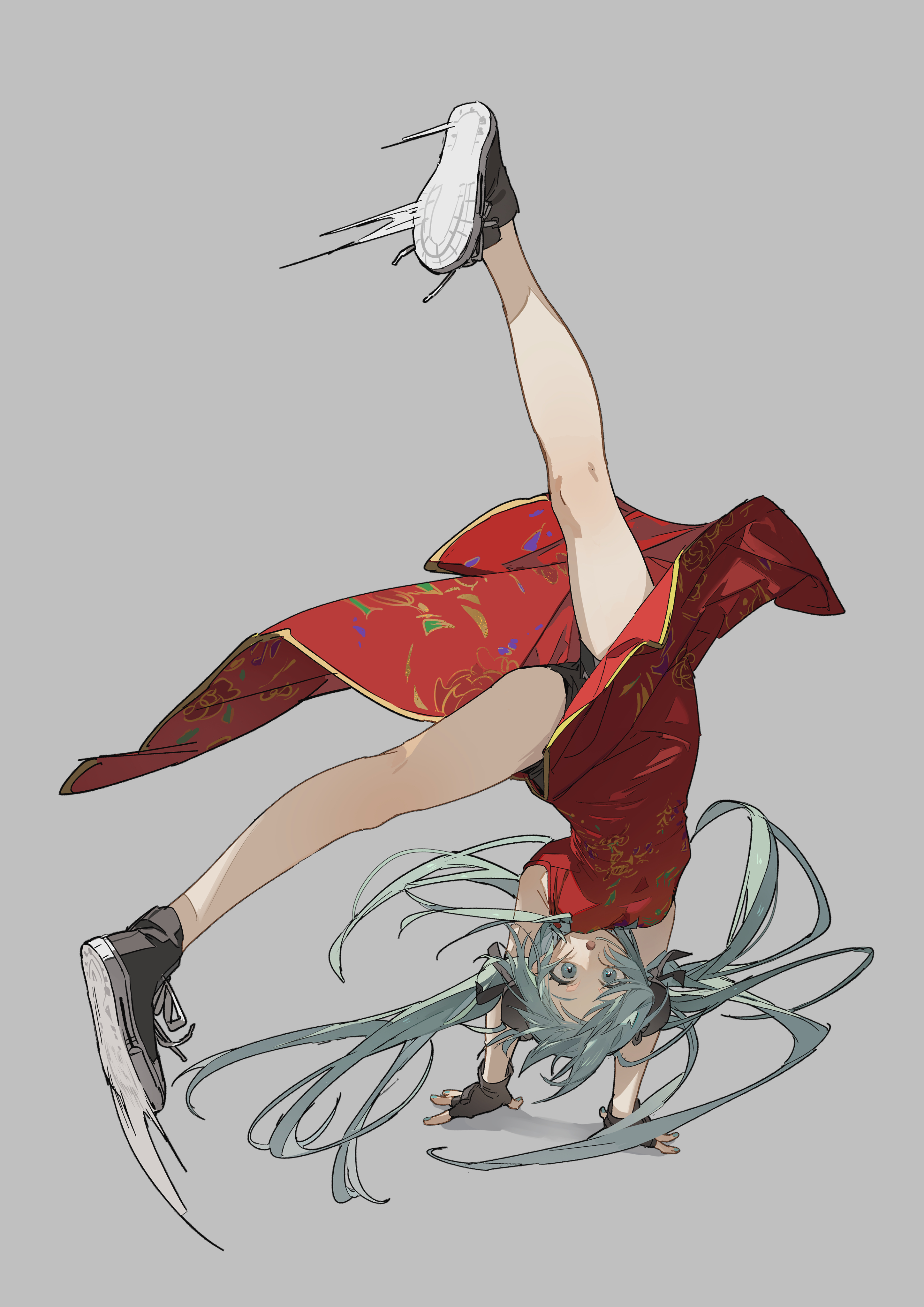 a female character with long, flowing green hair is depicted performing a handstand with one leg straight up in the air. she is wearing a red, intricately patterned, traditional chinese dress with high slits and black sneakers with white accents. the background is a solid light gray, emphasizing the dynamic pose of the character. her expression is not visible. the art style is a stylized, semirealistic drawing with visible linework and shading.