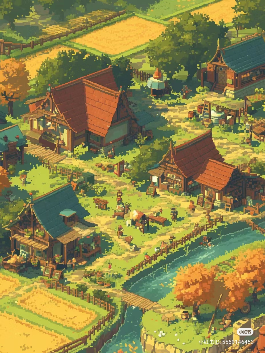 the pixel art image depicts a charming village scene bathed in warm sunlight. from an isometric perspective, we see a cluster of shops and houses with reddishbrown roofs and fences bordering fields of golden yellow. a gentle river flows under a small wooden bridge, its banks painted with the warm hues of autumn leaves. the overall ambiance is peaceful and inviting.