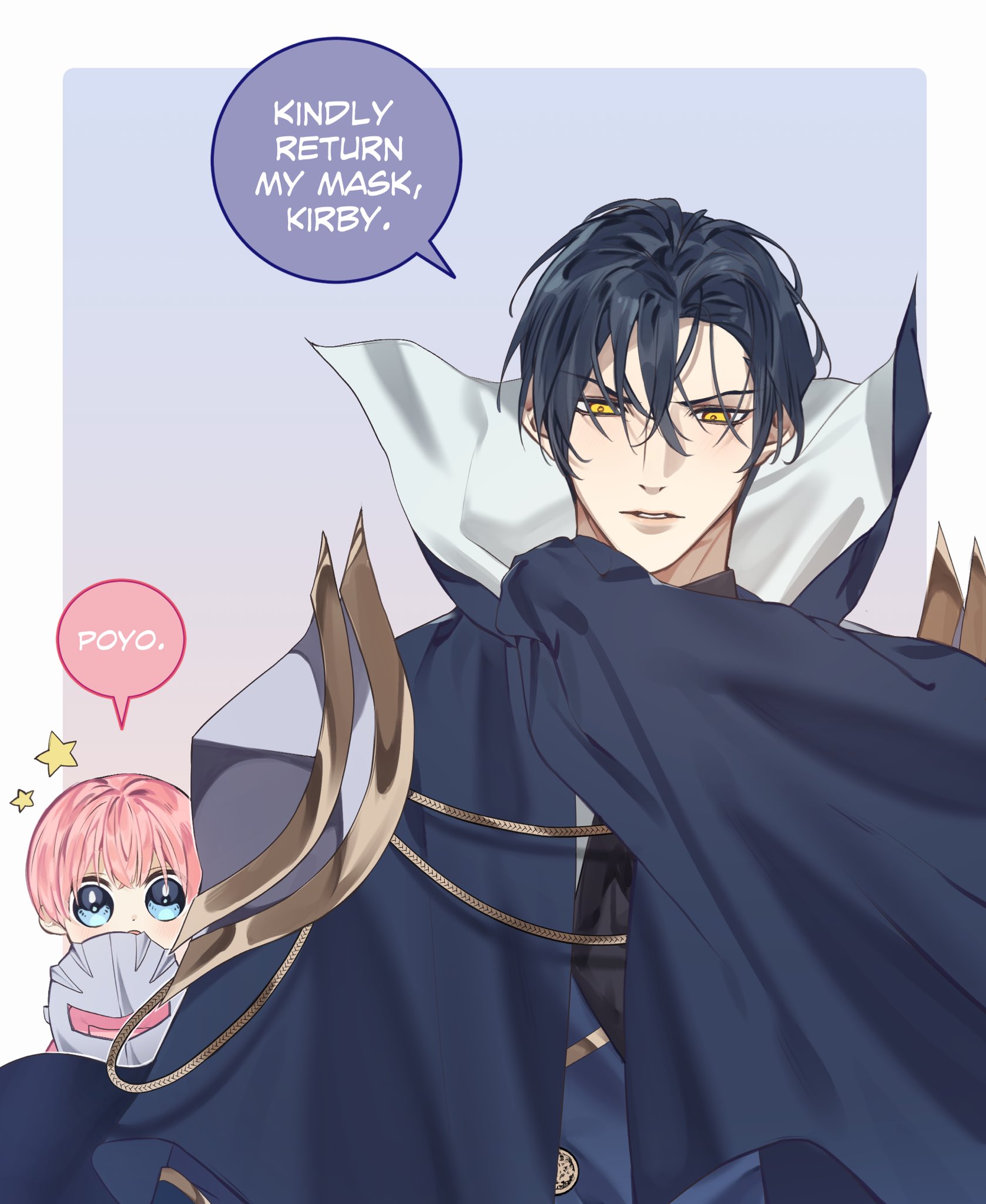 the image is a cartoon illustration of an anime character. the character is a young man with black hair and blue eyes. he is wearing a dark blue cloak and a gold chain. he is holding a fan in his left hand and is looking at the viewer.  a smaller character is in the background, wearing pink hair and a white outfit.  the image is set in a light purple background.