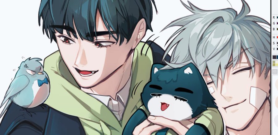 the image is a digital drawing of two anime boys hugging. the boy on the left has black hair and is wearing a green shirt, he is also holding a small bird. the boy on the right has blue hair and is wearing a black shirt, he is holding a small cat. both boys are smiling and appear to be happy. the background is white.