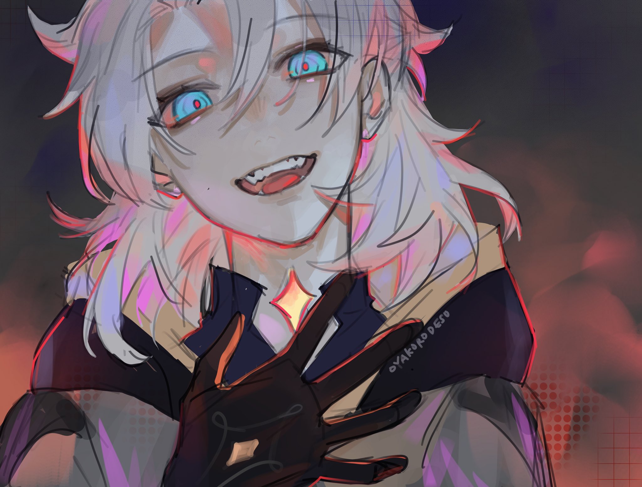 this is an illustration of an anime character. the character has long, white hair, red and blue eyes, and is wearing a black glove. the background is red and white. the character looks evil and is smirking with sharp teeth.  the character has a red and white background.