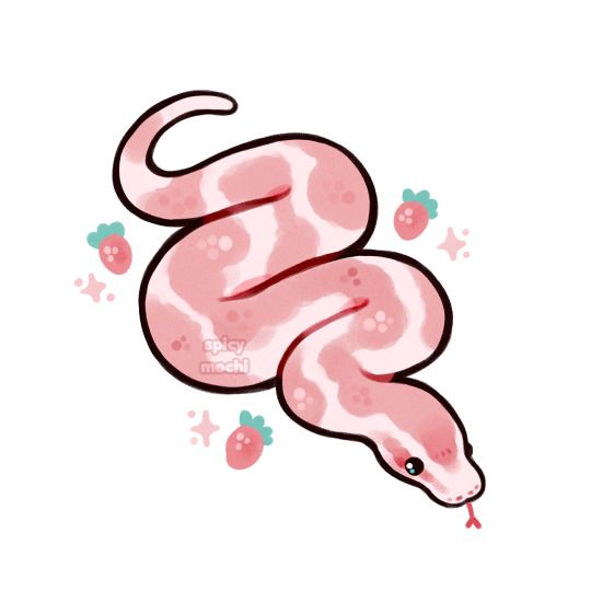 the image is a digital illustration of a cartoon pink and white snake, styled in a kawaii aesthetic.  the snake is curled in a gentle loop, with its head pointed downward.  it's predominantly pale pink with white markings, giving it a pastel appearance. small cartoon strawberries and sparkles are scattered around the snake, enhancing the cute, sweet theme. the style is reminiscent of children's book illustrations or stickers, and the overall impression is one of softness and charm. a small artist's watermark ("spicy mochi") is visible on the snake's body.