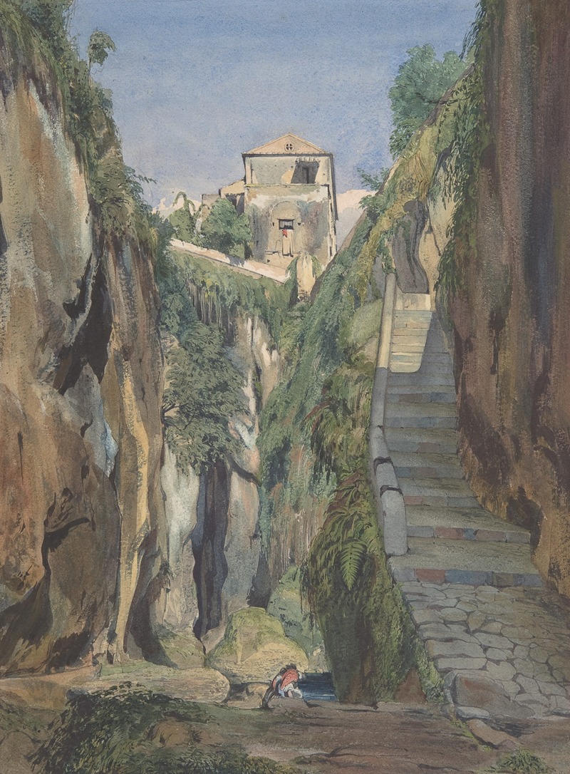 a watercolor painting depicts a narrow ravine with tall cliffs covered in lush vegetation. a stone staircase ascends along the right side of the ravine. at the end of the path is an old building with architectural details. a small figure with a red cap is seen near the bottom of the painting. the sky is a pale blue, and the overall tone is one of serene nature blended with human construction.