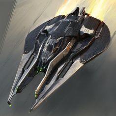a sleek, futuristic spaceship with a sharp, angular design is shown in midflight against a backdrop of a bright sky, possibly during atmospheric entry. the ship features a predominantly dark gray and black color scheme with gold accents and green glowing lights. the image highlights the spacecraft's aerodynamic form and suggests highspeed movement.